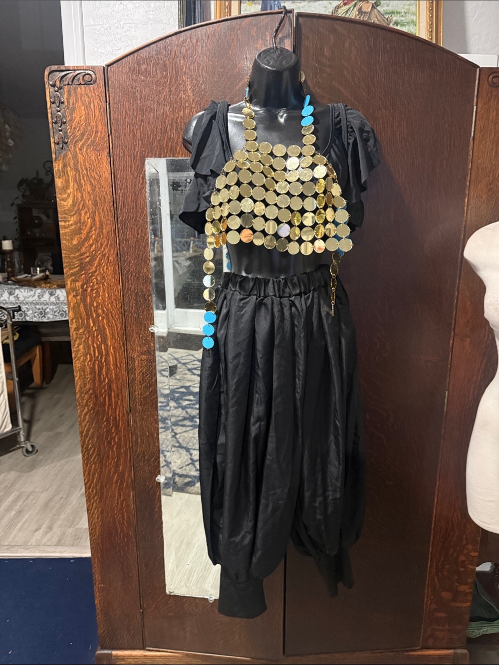 Kids Gold Coin Belly Dance Costume Top with Black Pants
